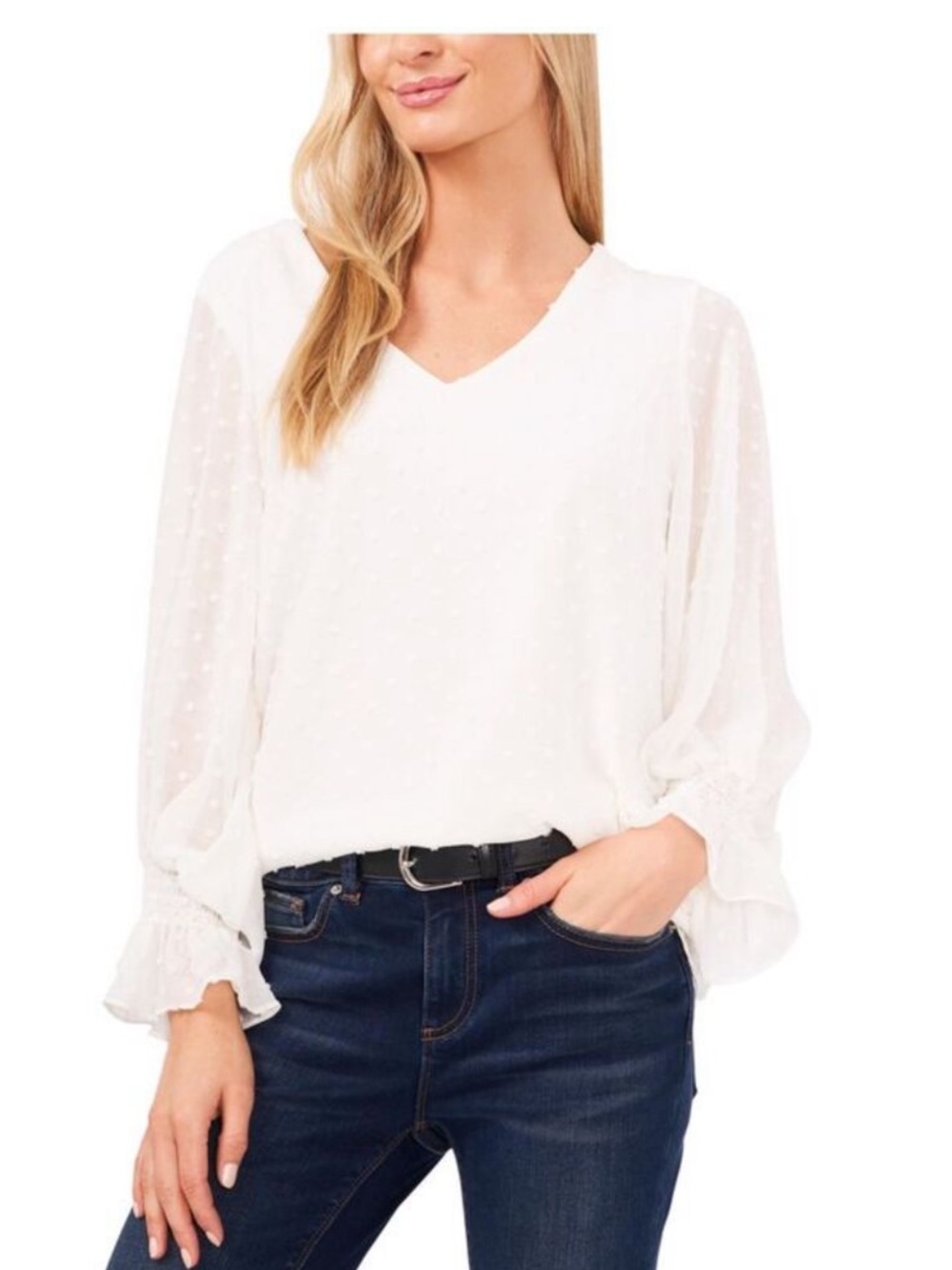 Vince Camuto White V-Neck Swiss Dot Blouse